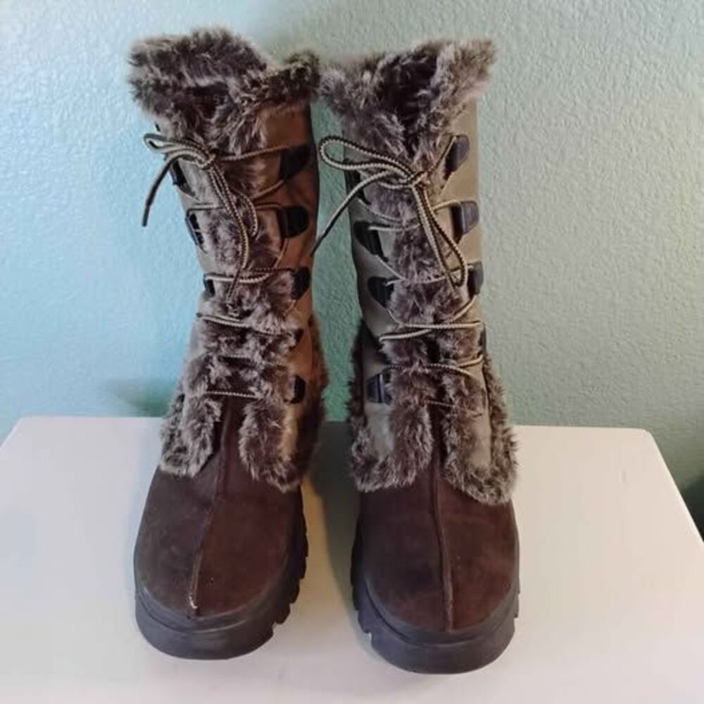 Vintage Y2K Skechers Boots Womens 9 Platform Tan Suede Leather Frolic Faux Fur